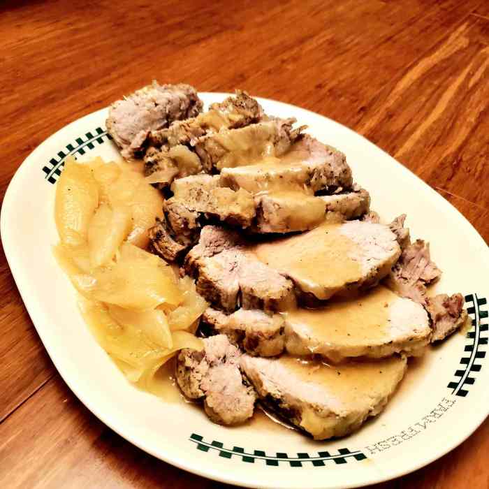 Applesauce loin roasted rockrecipes carved platter tangy